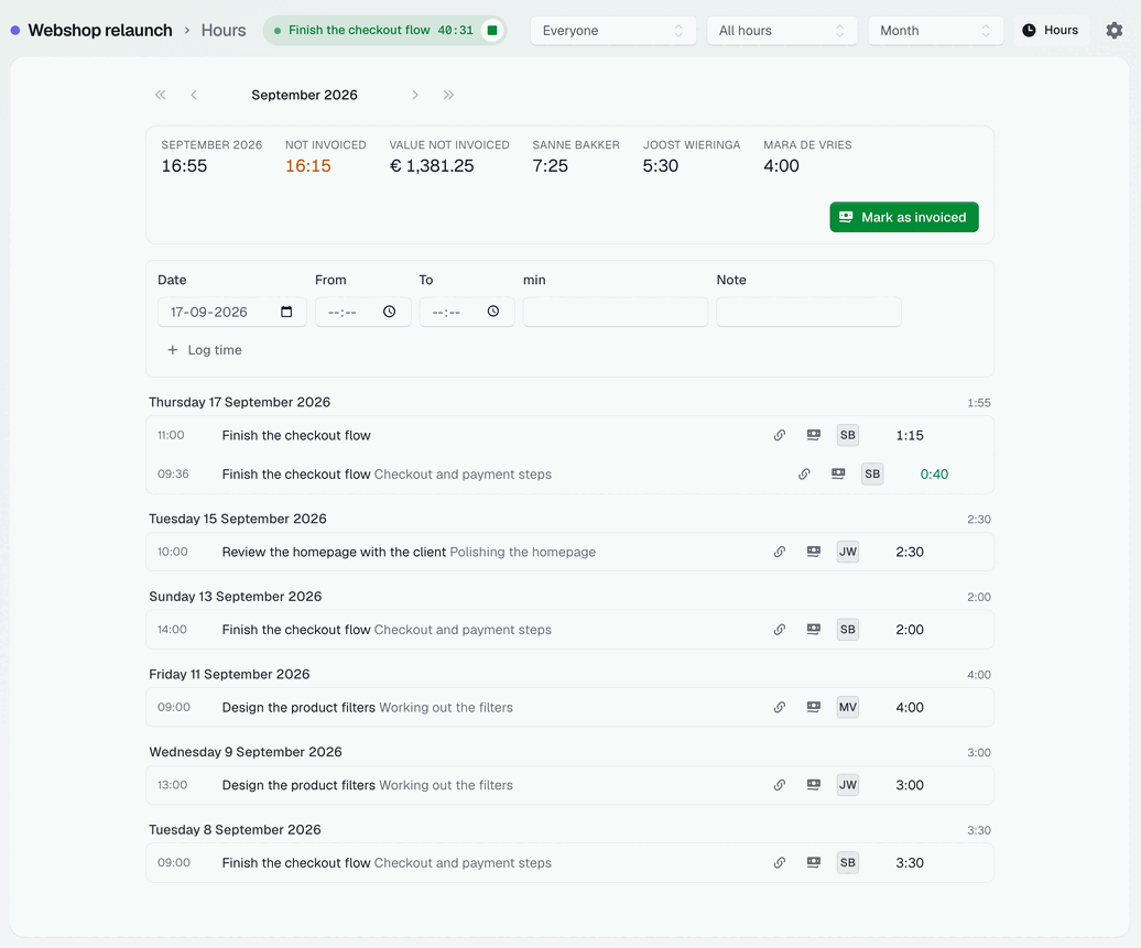 The hours tab with totals and hours that are not invoiced