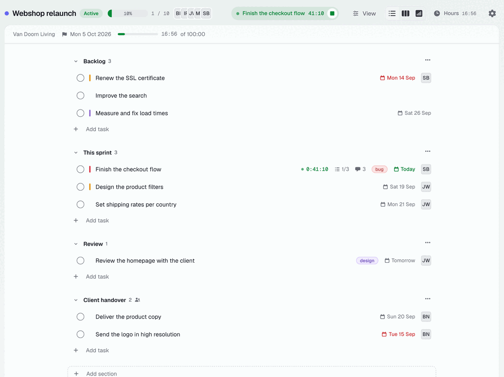 A project in list view with four sections