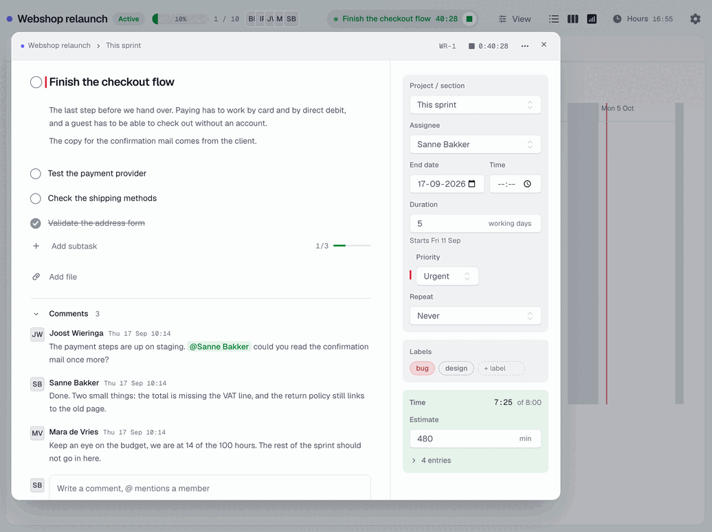 The task detail with subtasks, comments and tracked time