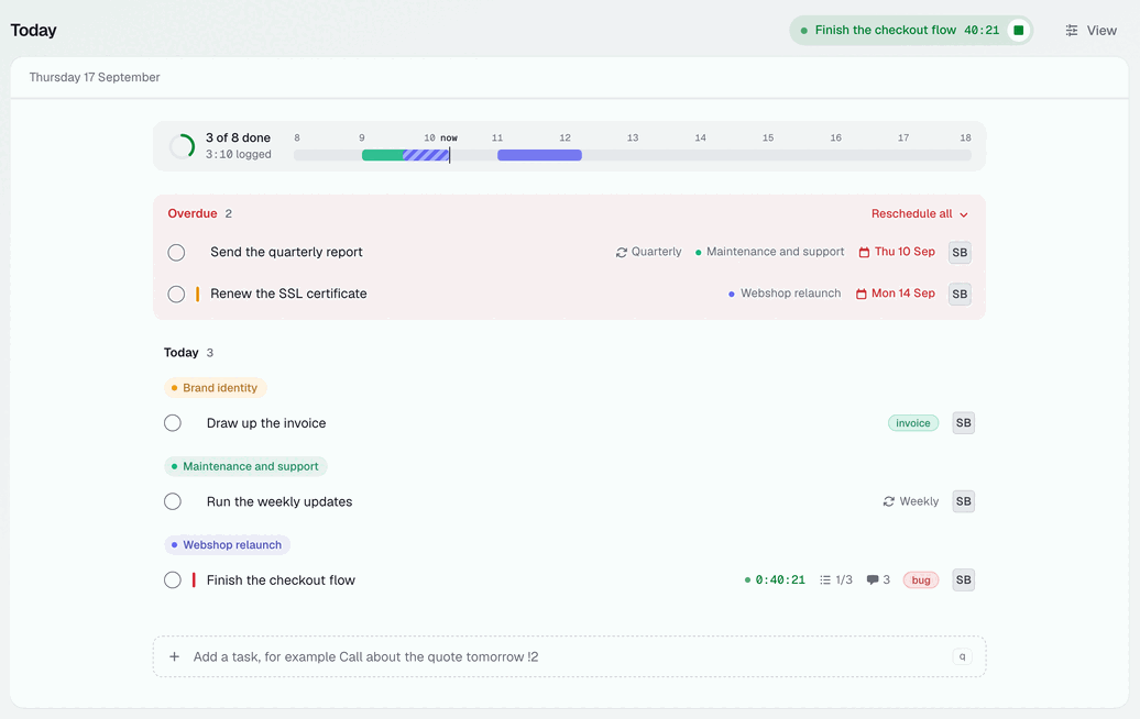 The Today screen with a day strip and overdue tasks